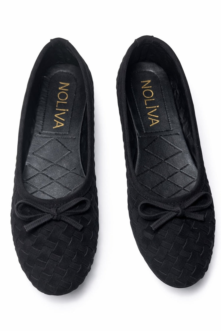 Women's Black Suede Textured Knit Pattern Bow Ballet Flats