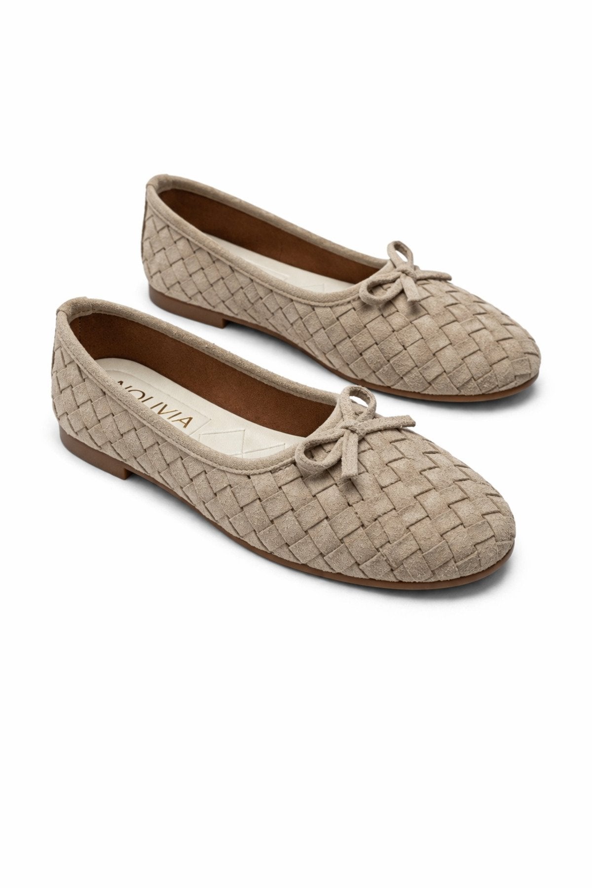 Women's Beige Suede Textured Knitted Bow Ballerina Flats