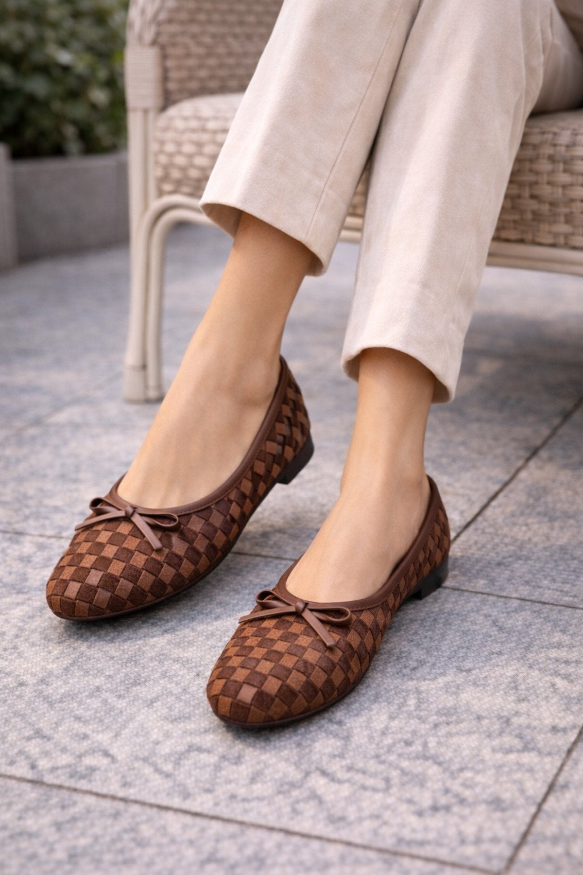 Women's Bitter Coffee Suede & Faux Leather Ballet Flats Chic Comfortable Everyday Bow Detail New Season Women's Shoes