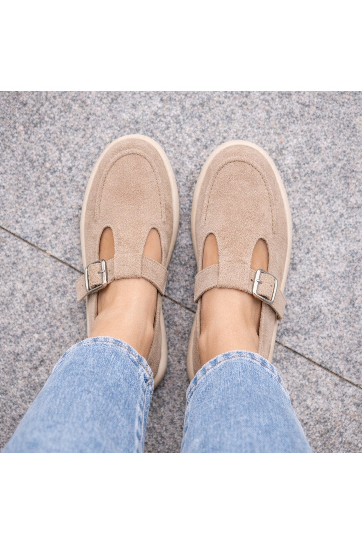 Beige Suede Buckled Women's Ballet Flats Comfortable Sole Everyday Mary Jane Women's Shoes