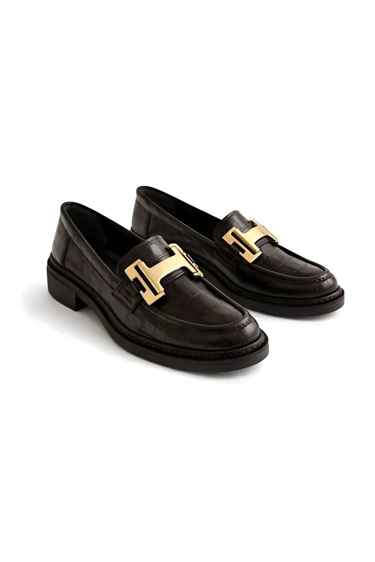 Women's Coffee Leather Buckle Loafer Casual Moccasin Office Shoe