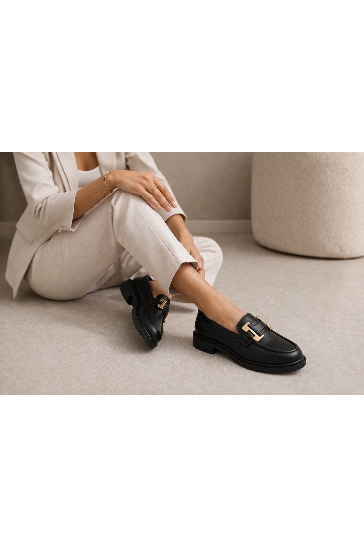 Women's Black Leather Buckled Loafer Casual Moccasin Office Shoes