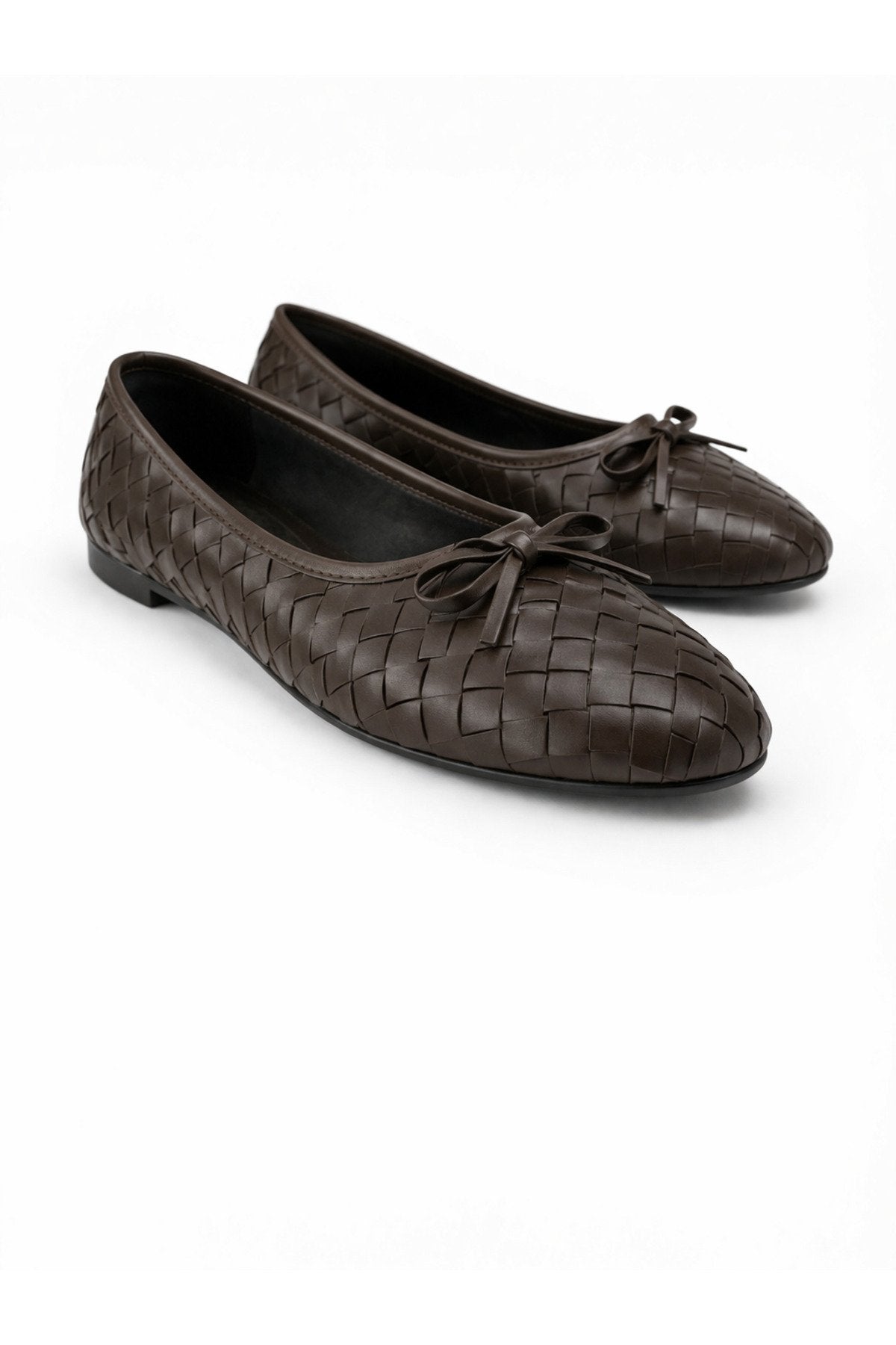 Women's Dark Brown Faux Leather Textured Knit Pattern Bow Flats