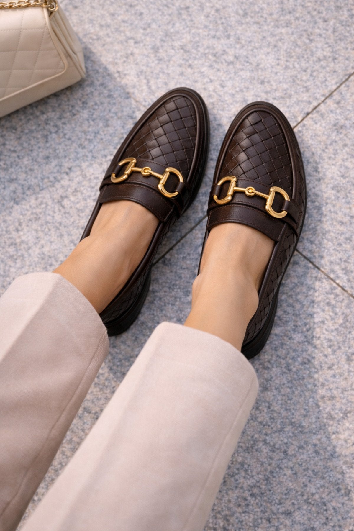 Women's Knitted Pattern Gold Chain Buckle Chunky Sole Loafer Shoes