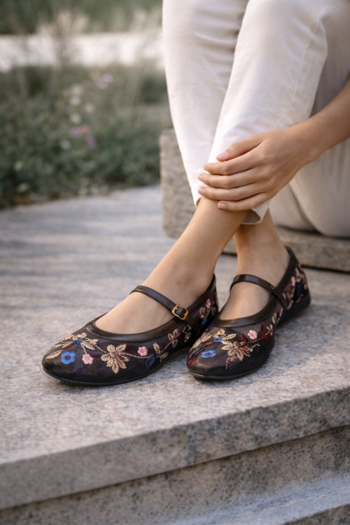 Women's Coffee Floral Embroidered Mary Jane Ballet Flats Casual Comfortable Flat Shoes