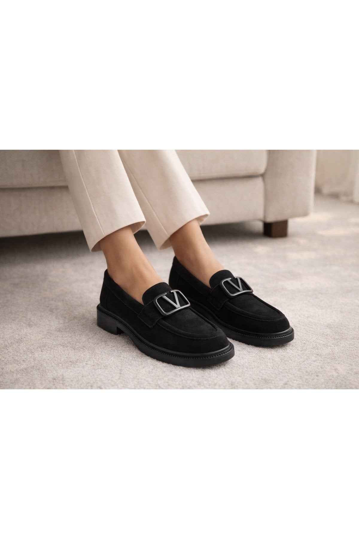 Women's Black Suede Buckle Loafer Casual Comfortable Sole Moccasin Shoes