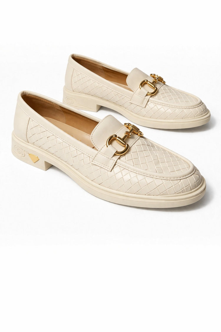 Women's Knitted Pattern Gold Chain Buckle Chunky Sole Loafer Shoes