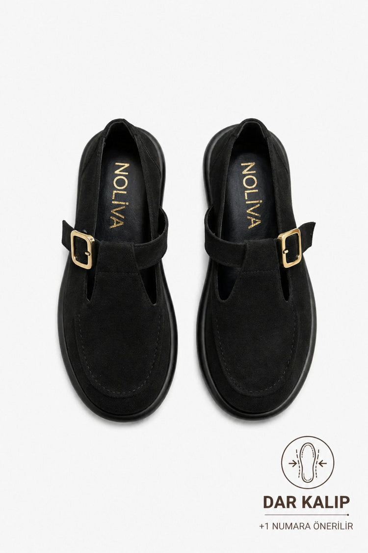 Black Suede Buckled Women's Flats Comfortable Sole Everyday Mary Jane Women's Shoes