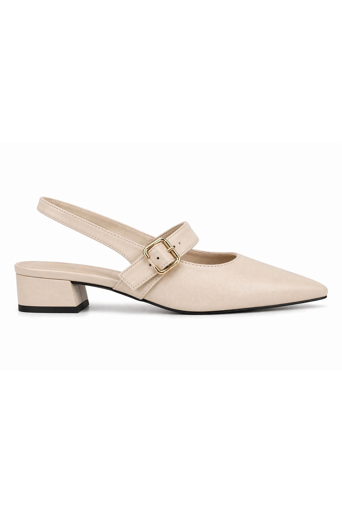 Kadın Bej Tokalı Kısa Topuklu Ayakkabı – Sivri Burun Şık Slingback
