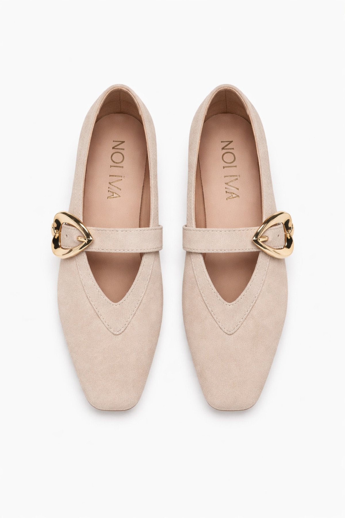 Women's Beige Suede Heart Buckle Ballet Flats Casual Chic Mary Jane Flats
