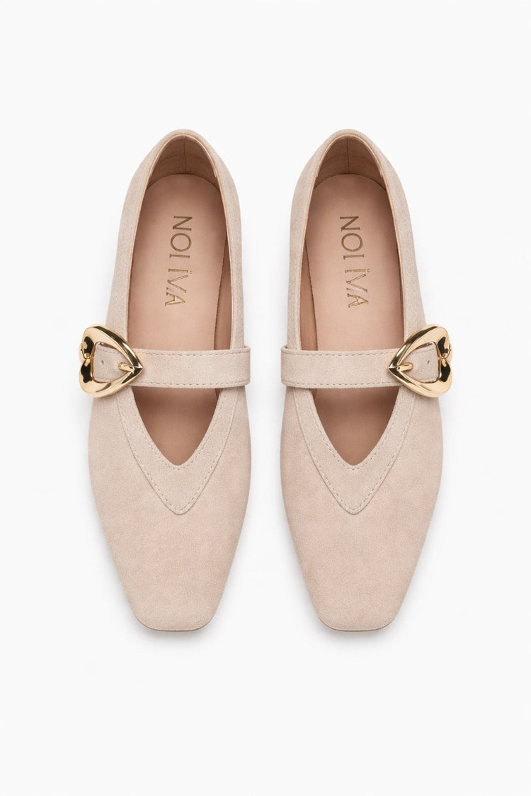 Women's Beige Suede Heart Buckle Ballet Flats Casual Chic Mary Jane Flats