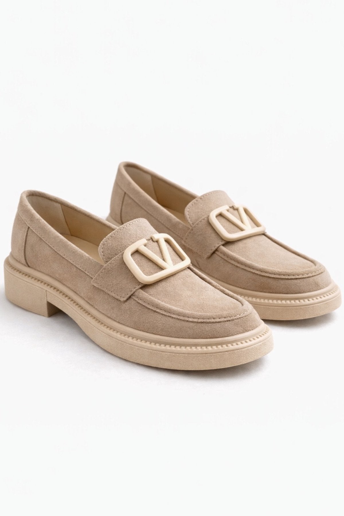 Women's Beige Suede Buckle Loafers Casual Comfortable Sole Moccasin Shoes