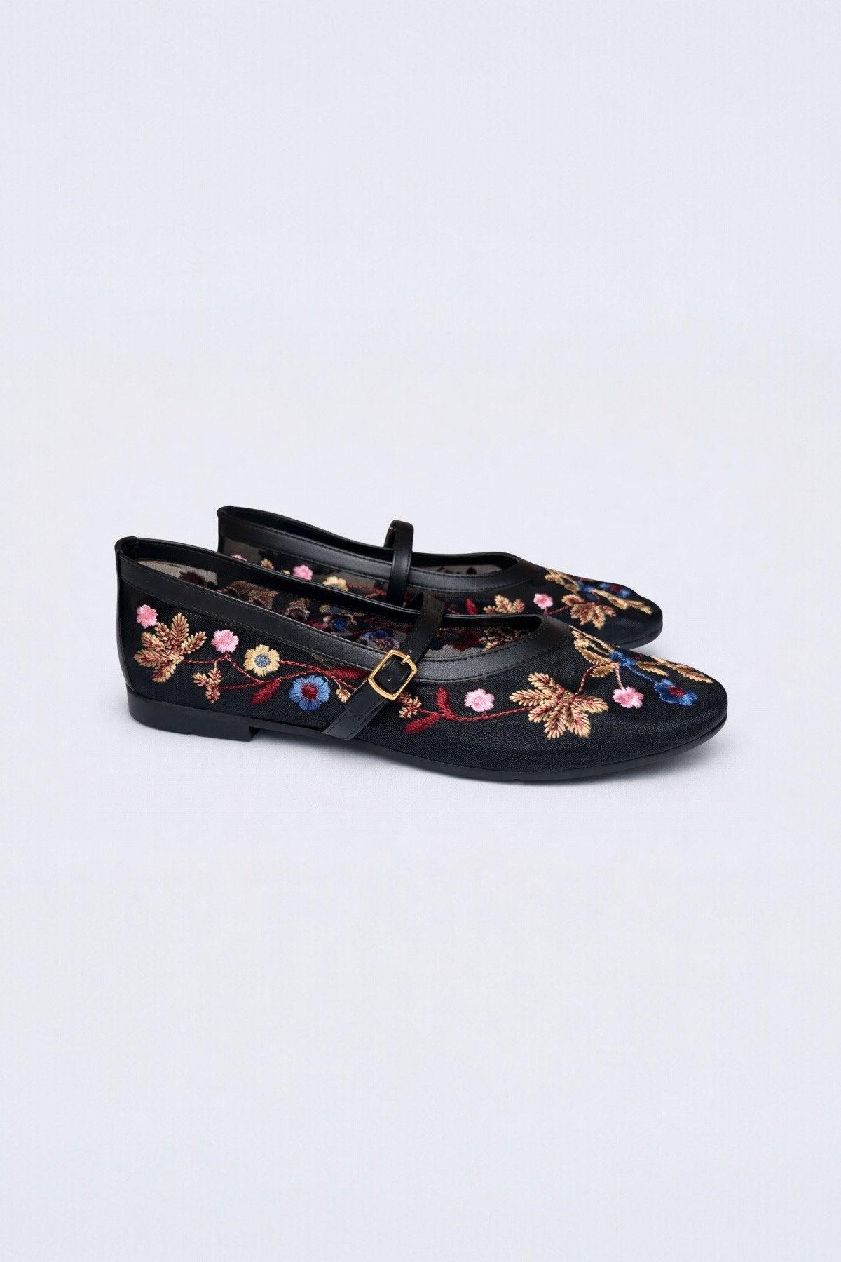 Women's Black Floral Embroidered Mary Jane Ballet Flats Casual Comfortable Flat Shoes