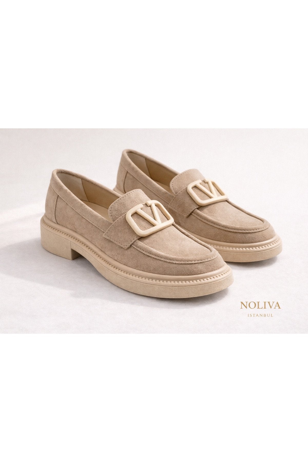 Women's Beige Suede Buckle Loafers Casual Comfortable Sole Moccasin Shoes