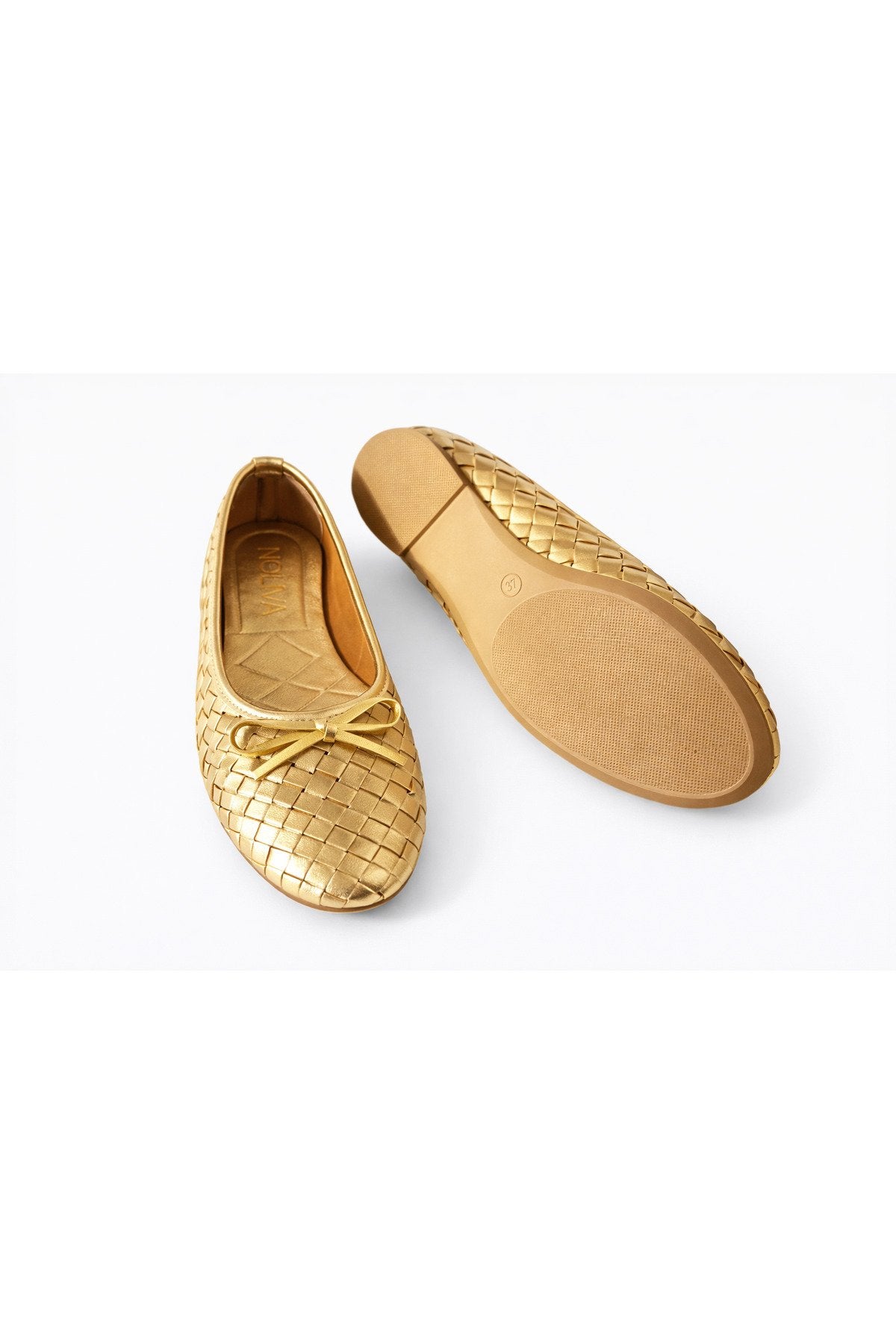 Women's Gold Faux Leather Textured Knit Pattern Bow Ballet Flats