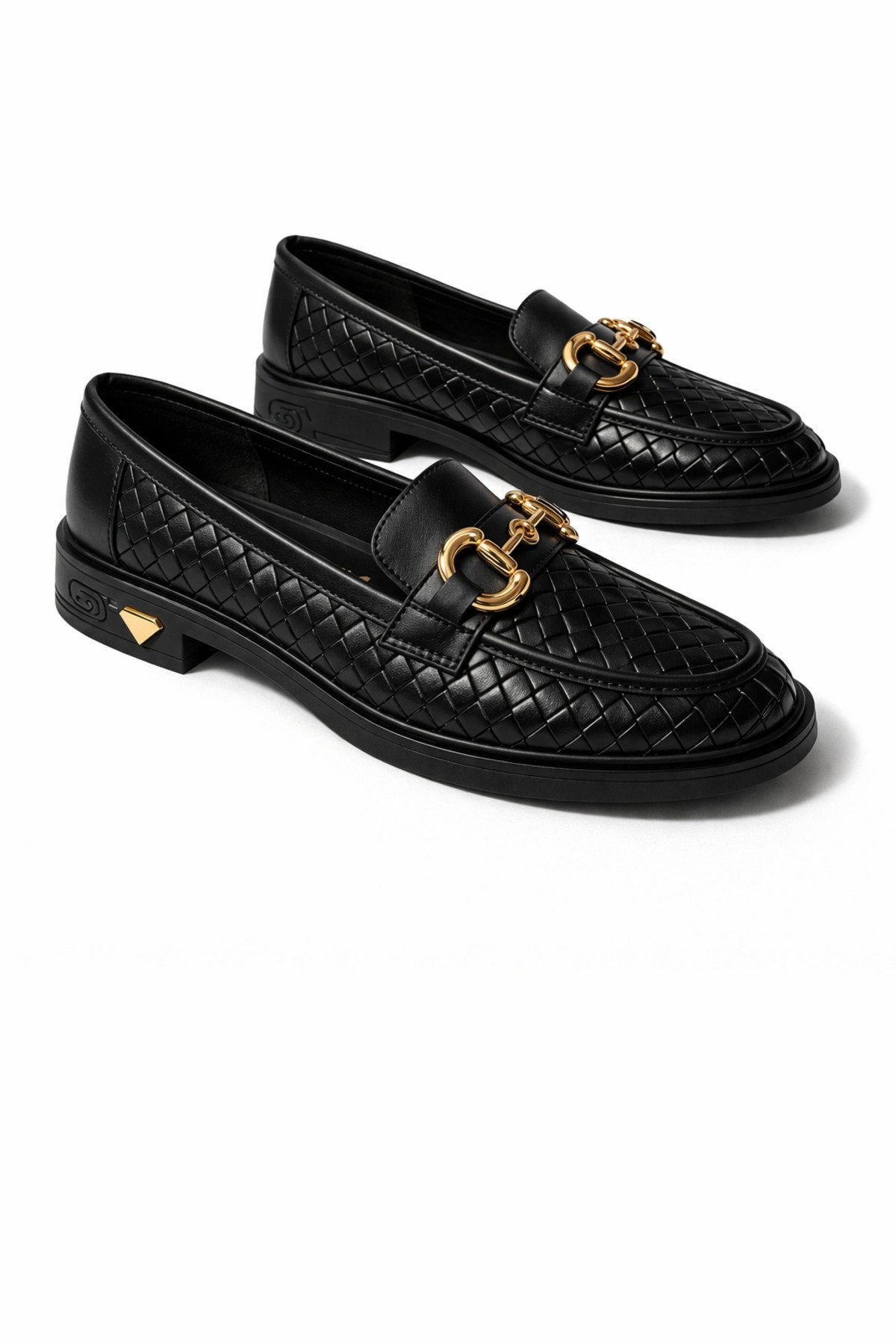 Women's Knitted Pattern Gold Chain Buckle Chunky Sole Loafer Shoes
