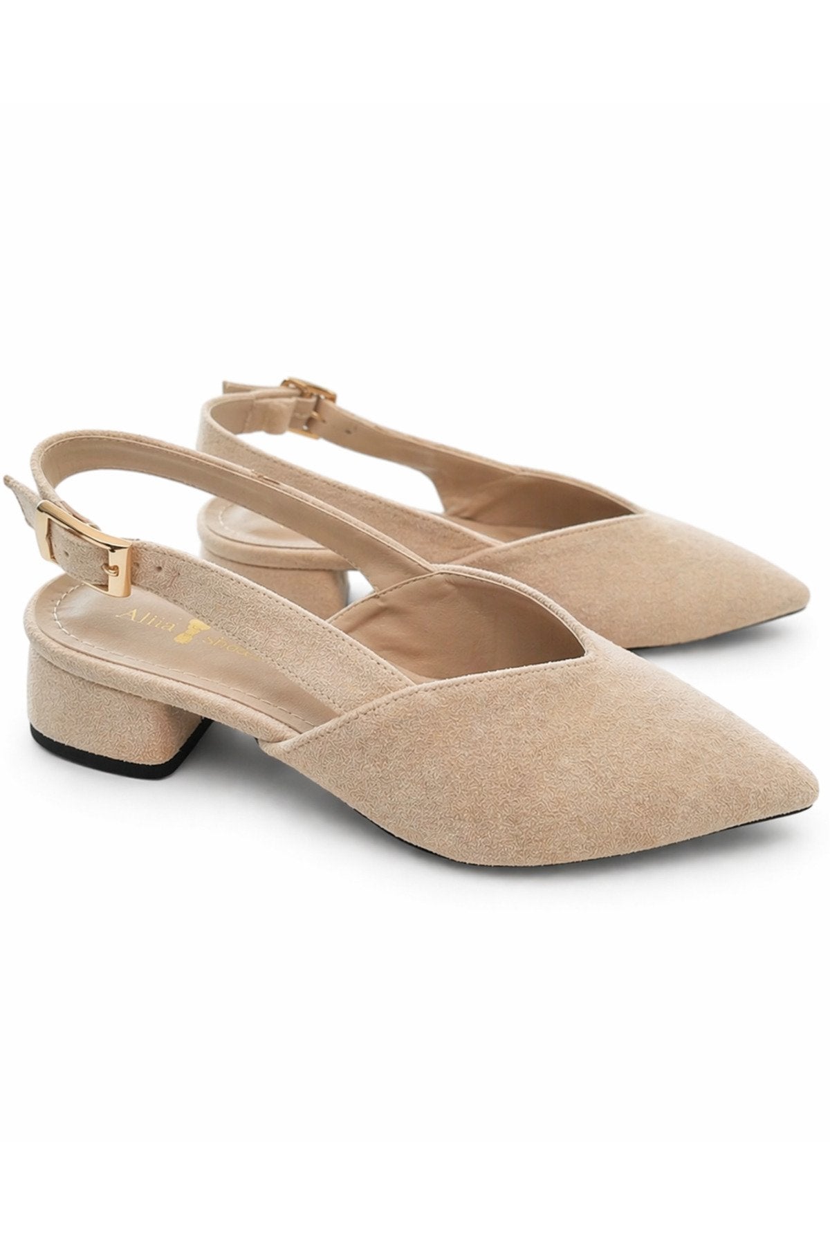 Kadın Bej Süet Kısa Topuklu Ayakkabı – Sivri Burun Şık Slingback