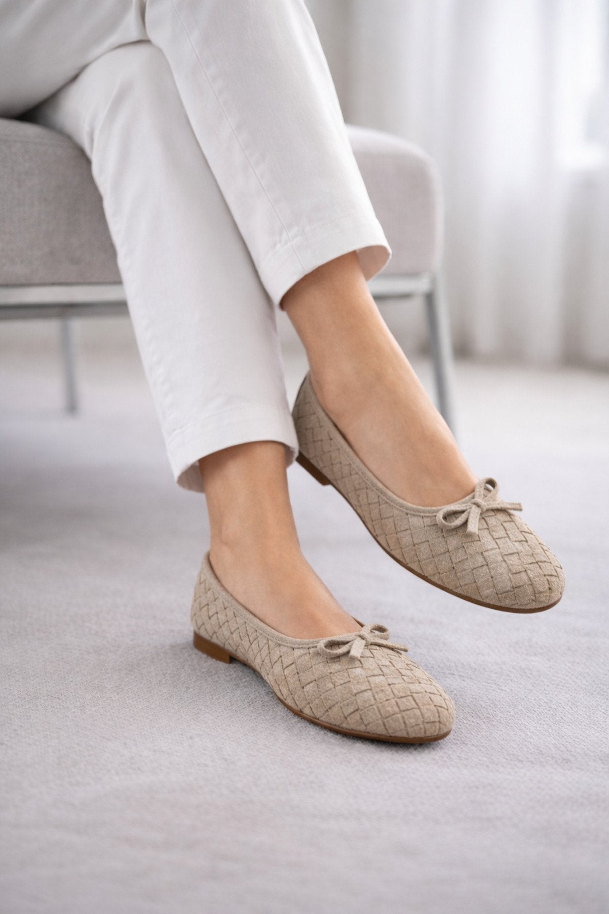 Women's Beige Suede Textured Knitted Bow Ballerina Flats