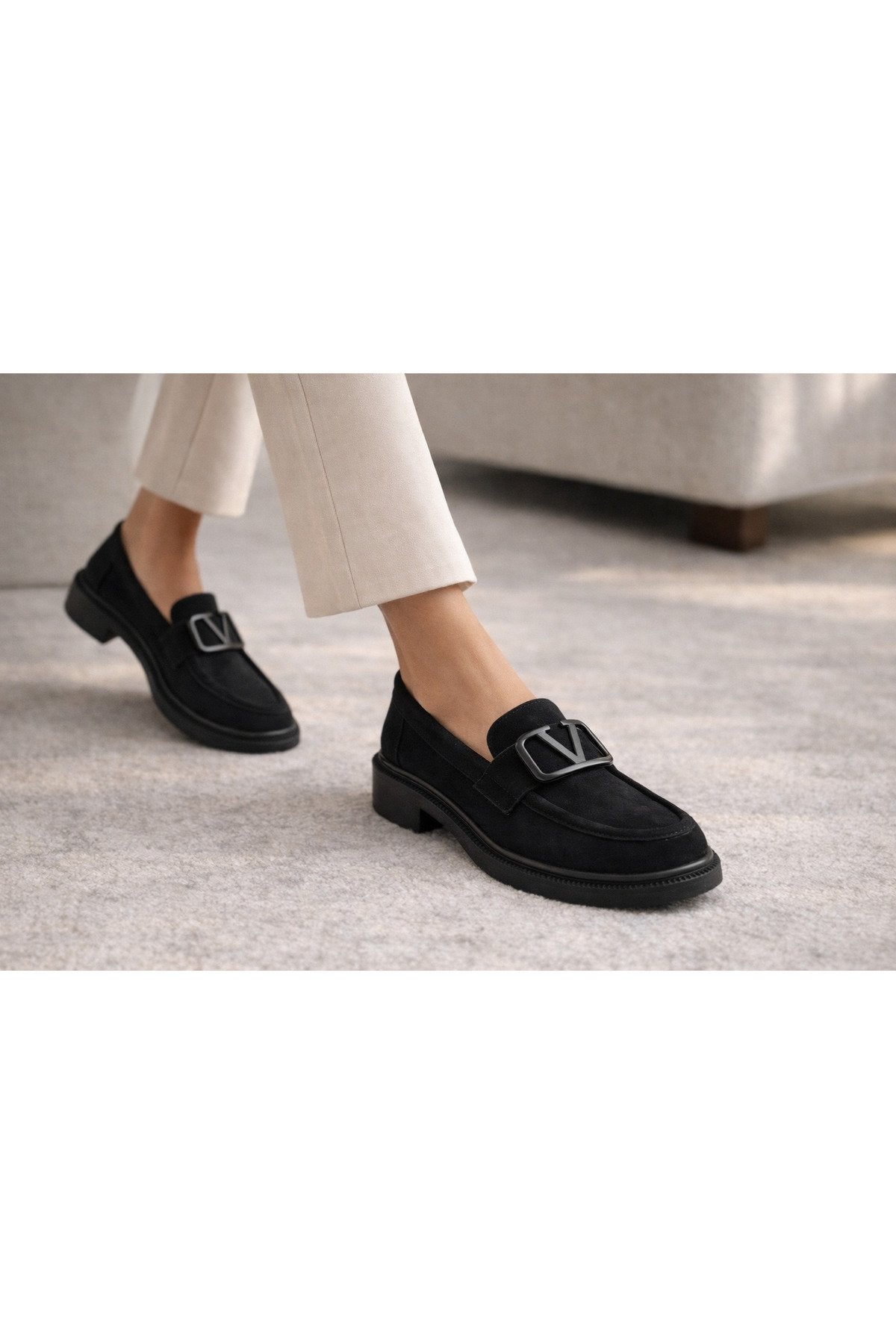 Women's Black Suede Buckle Loafer Casual Comfortable Sole Moccasin Shoes