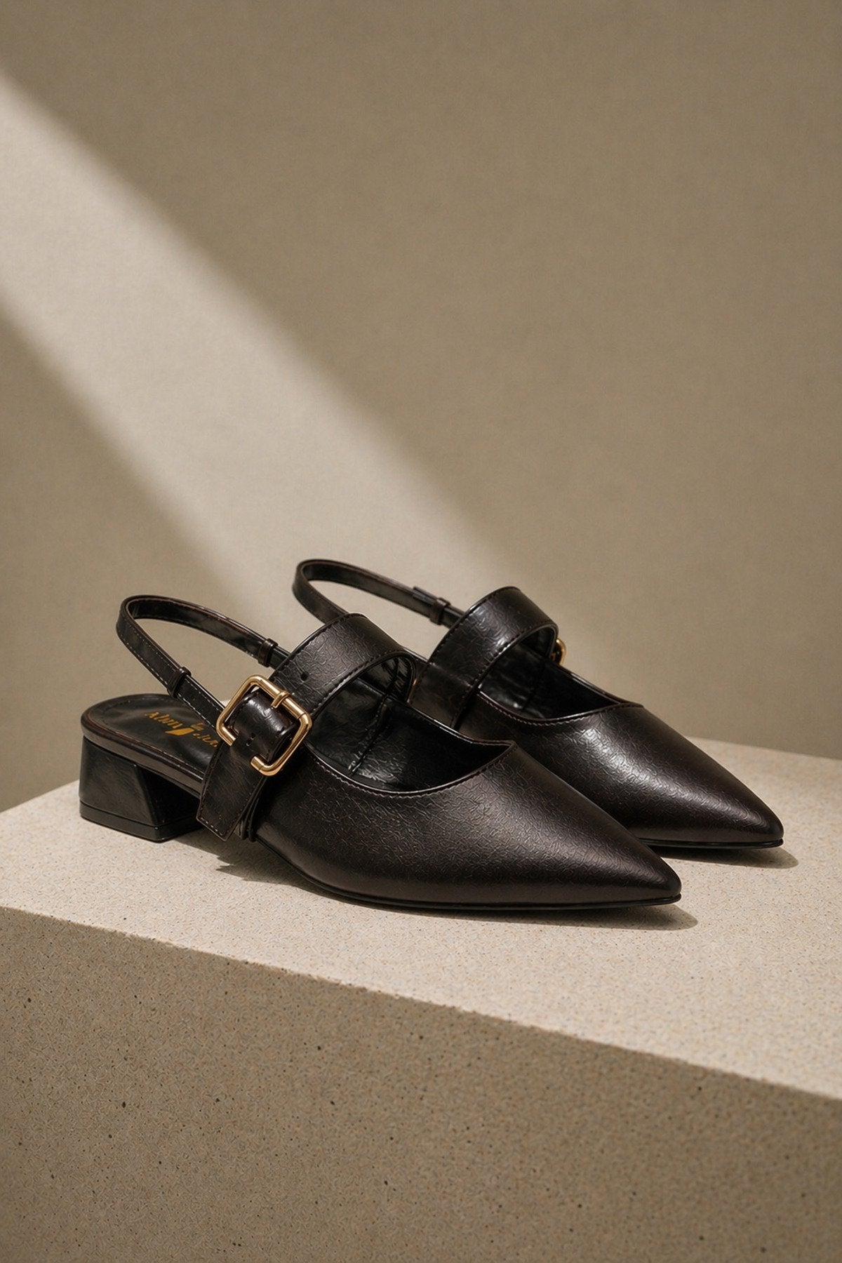 Kadın Siyah Tokalı Kısa Topuklu Ayakkabı – Sivri Burun Şık Slingback
