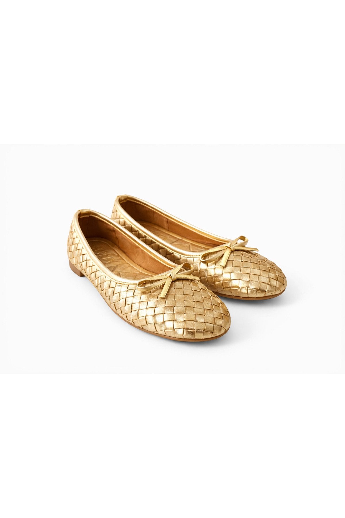 Women's Gold Faux Leather Textured Knit Pattern Bow Ballet Flats