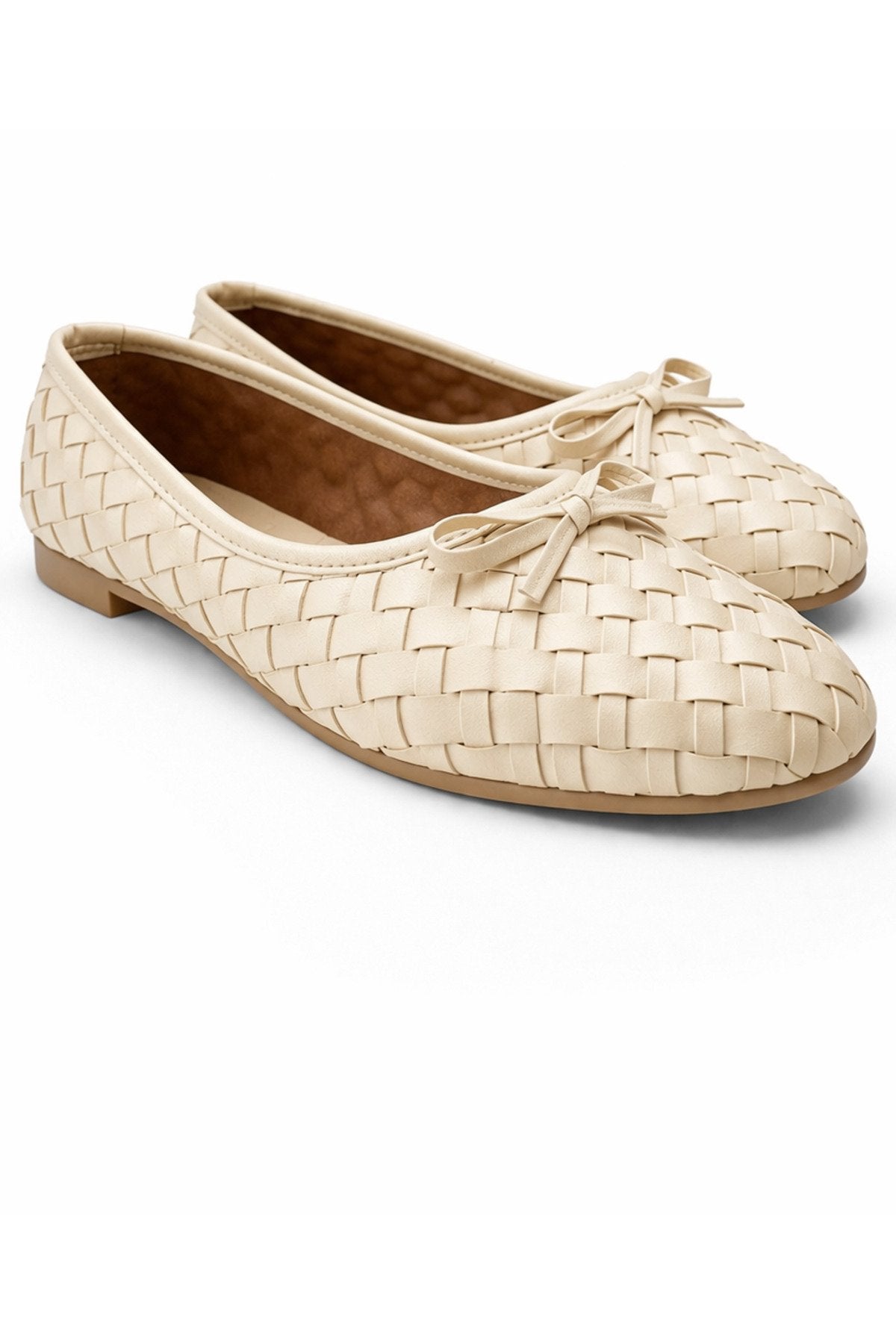 Women's Beige Faux Leather Textured Knit Pattern Bow Ballet Flats