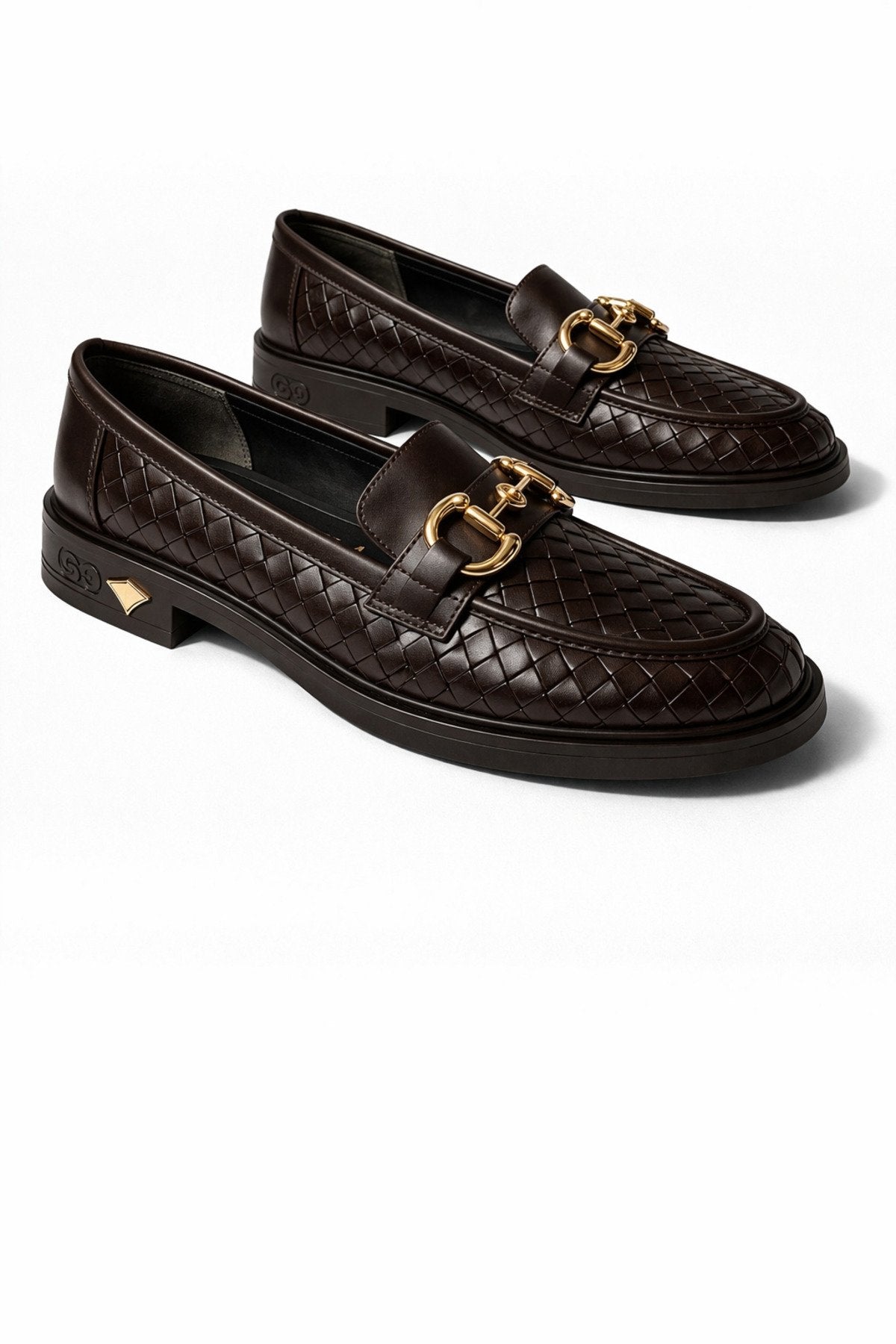 Women's Knitted Pattern Gold Chain Buckle Chunky Sole Loafer Shoes
