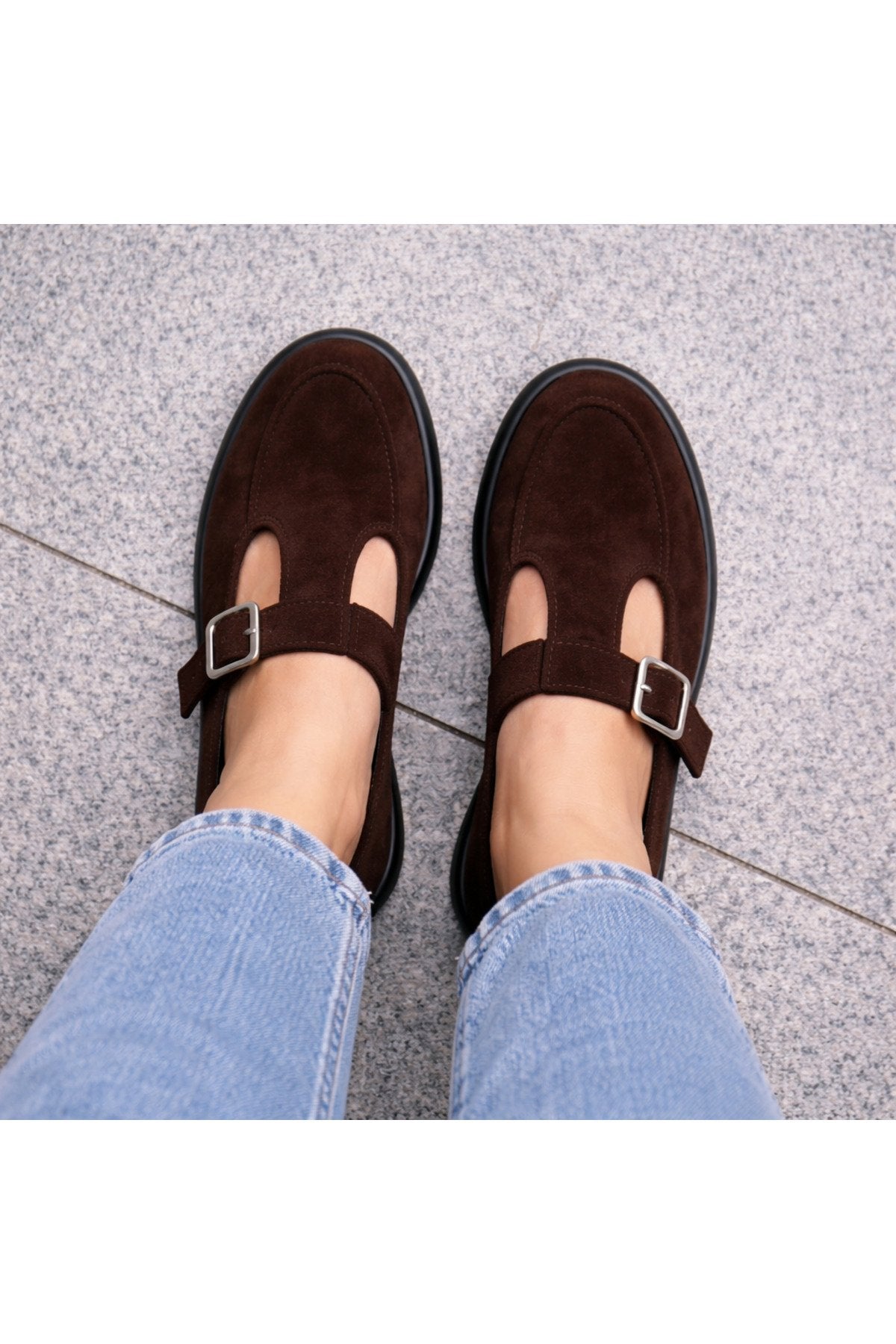 Brown Suede Buckled Women's Flats Comfortable Sole Everyday Mary Jane Women's Shoes