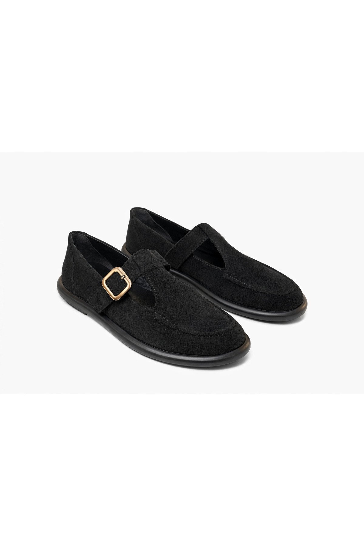 Black Suede Buckled Women's Flats Comfortable Sole Everyday Mary Jane Women's Shoes
