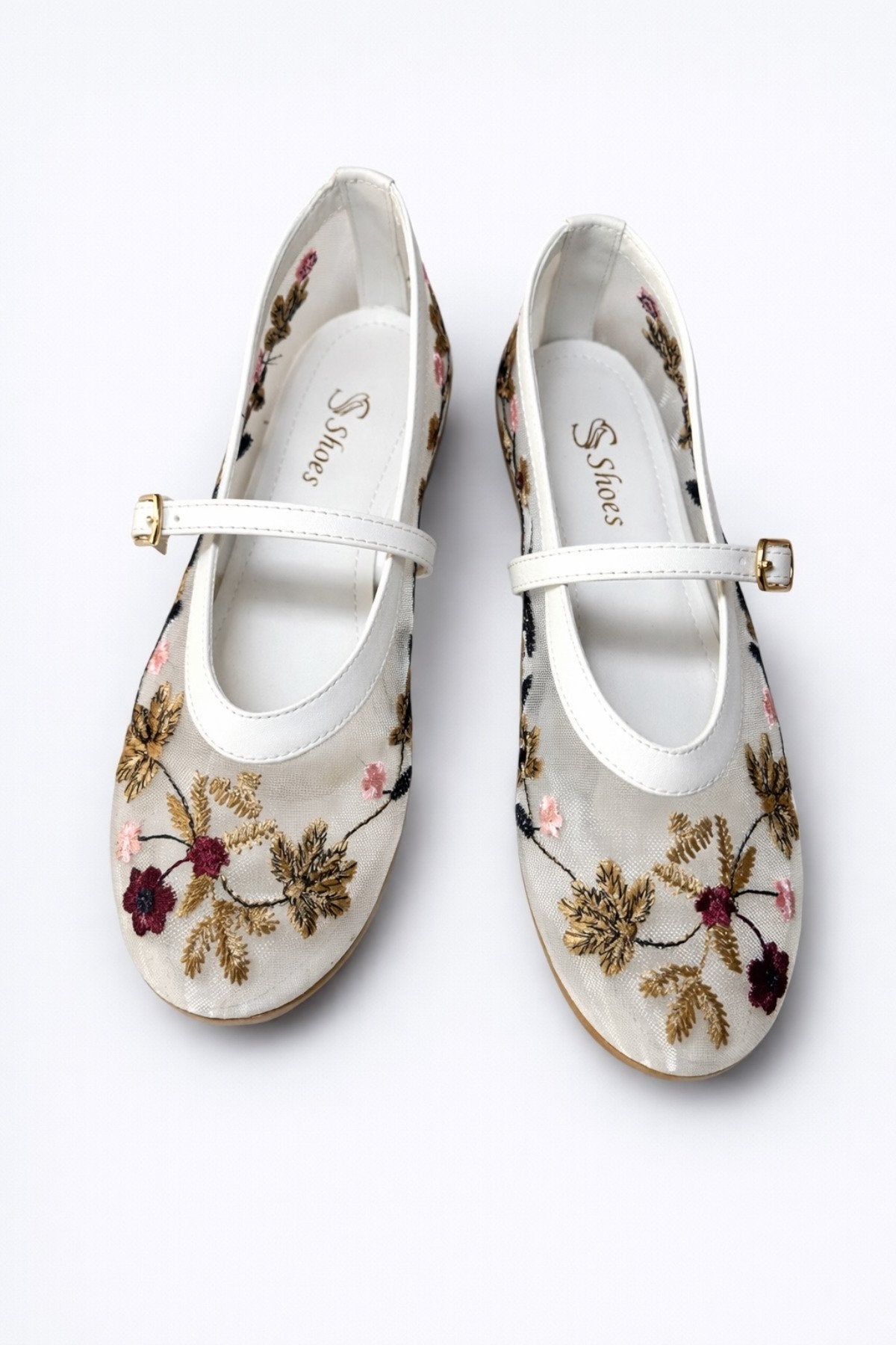 Women's White Floral Embroidered Mary Jane Ballet Flats Casual Comfortable Flat Shoes