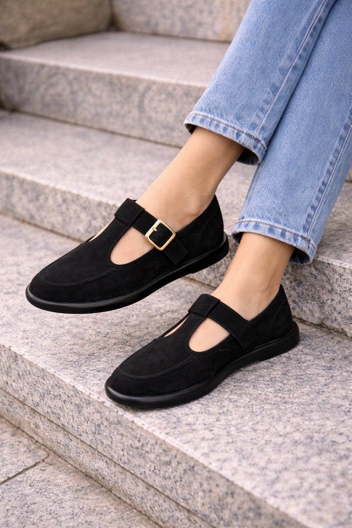 Black Suede Buckled Women's Flats Comfortable Sole Everyday Mary Jane Women's Shoes