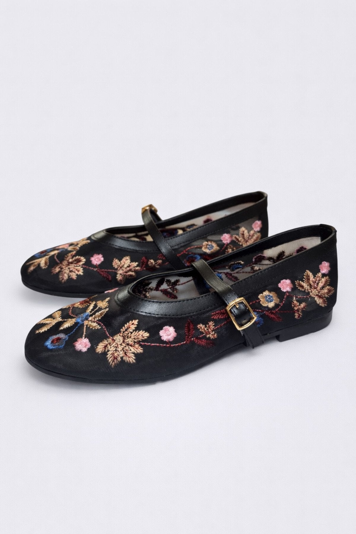 Women's Black Floral Embroidered Mary Jane Ballet Flats Casual Comfortable Flat Shoes
