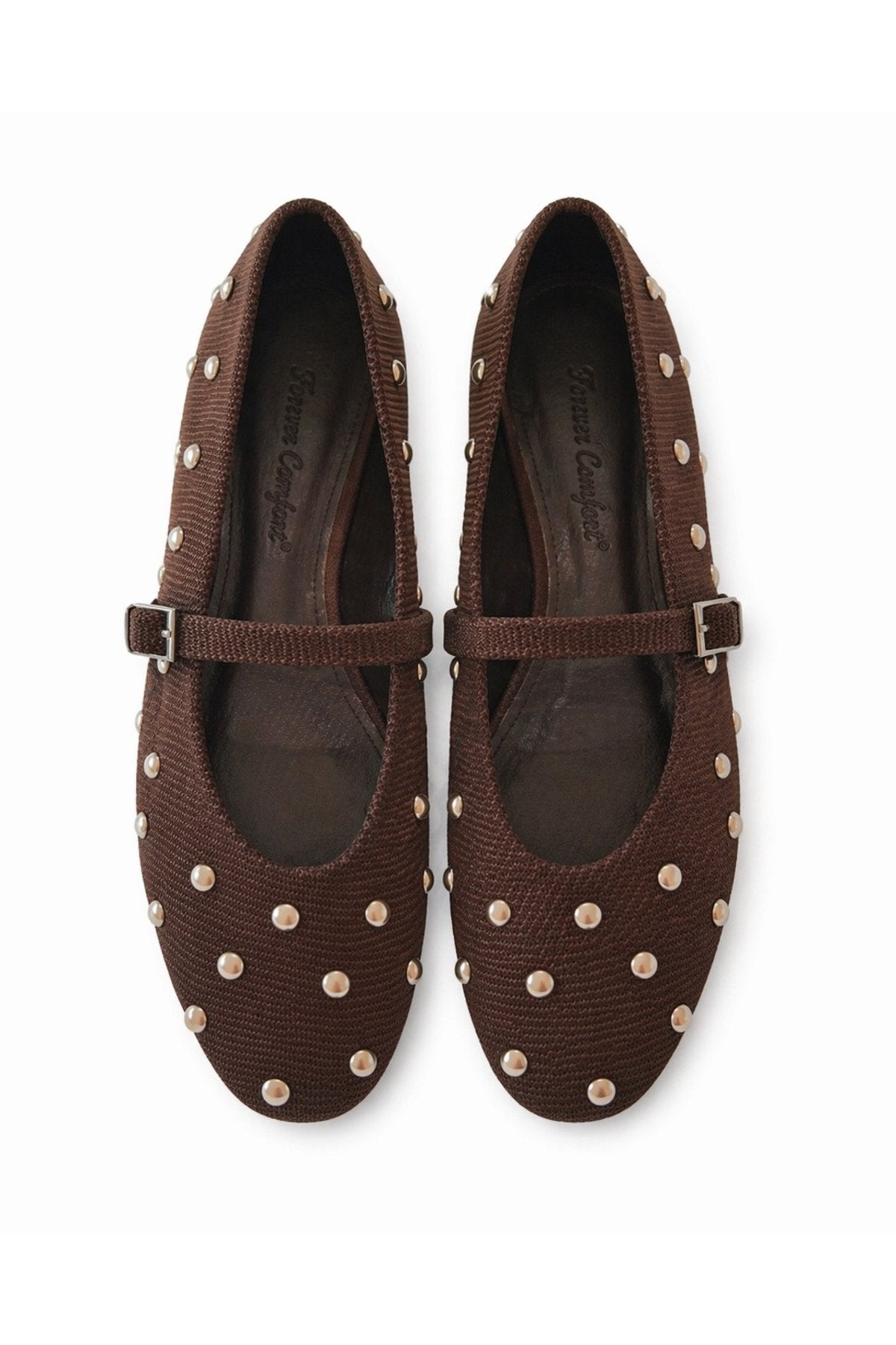 Women's Brown Woven Fabric Ballet Flats – Stylish Shoes with Metal Buckle Detail