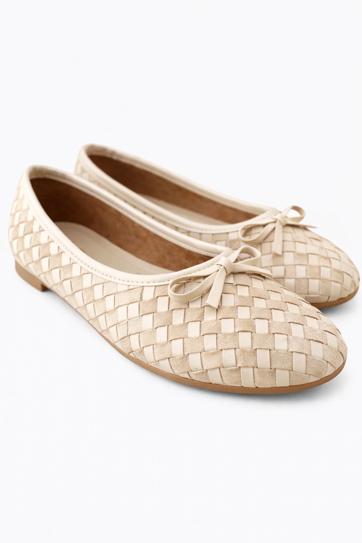 Women's Beige Suede and Faux Leather Mix Textured Knitted Pattern Bow Ballerinas