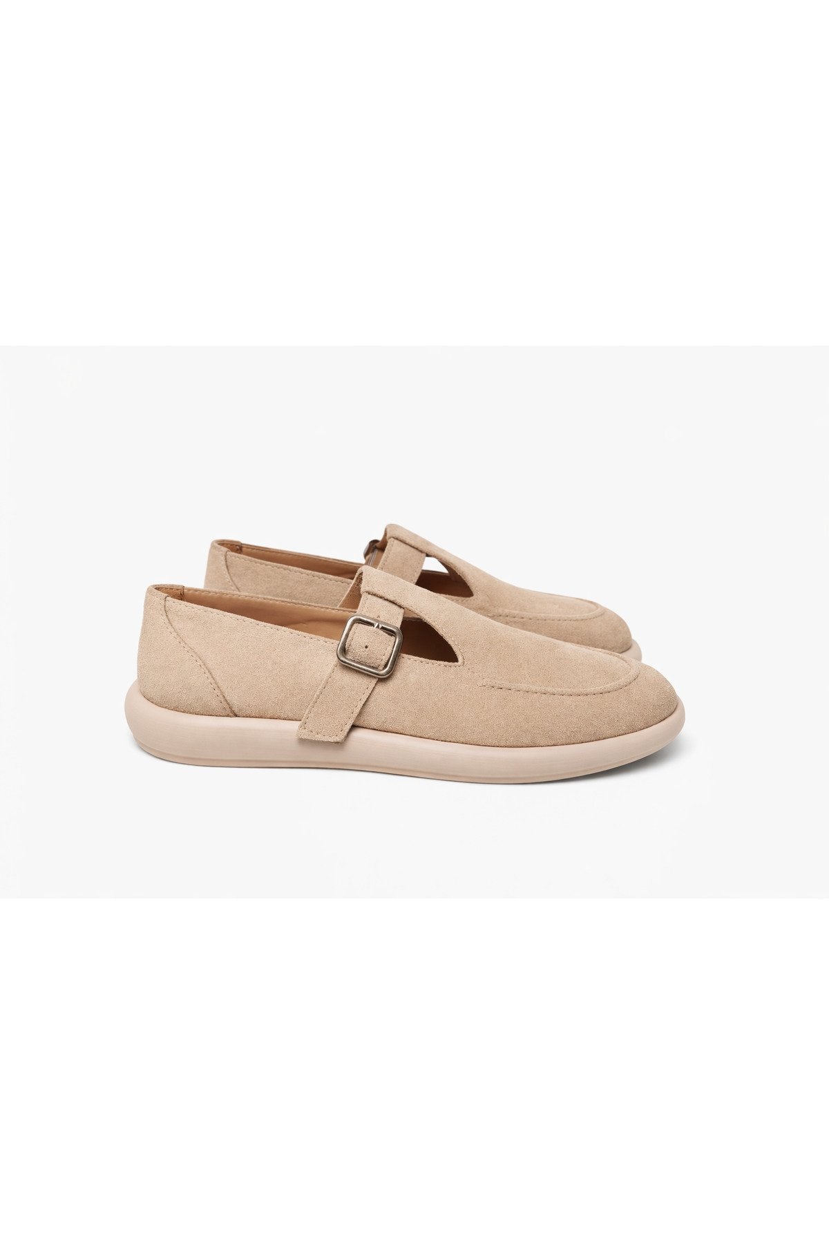 Beige Suede Buckled Women's Ballet Flats Comfortable Sole Everyday Mary Jane Women's Shoes