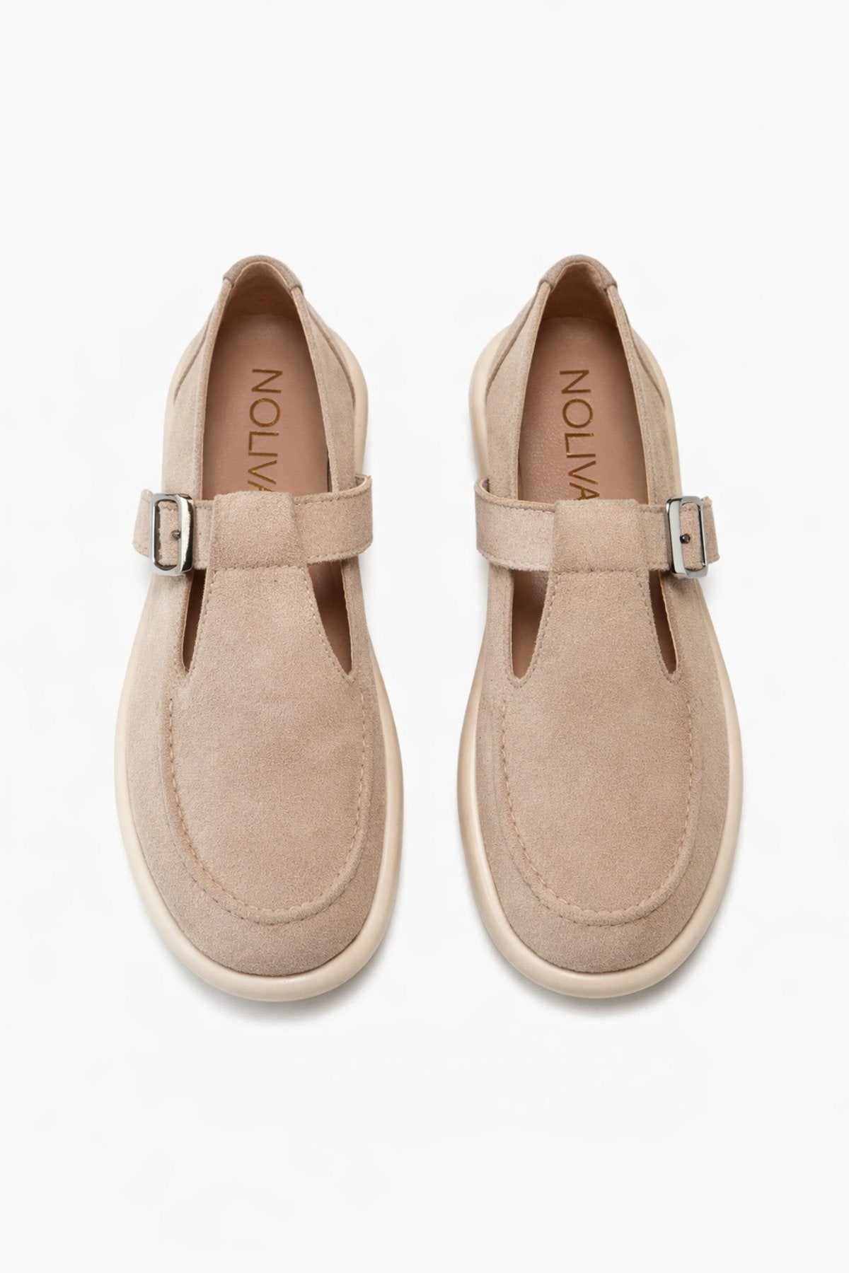 Beige Suede Buckled Women's Ballet Flats Comfortable Sole Everyday Mary Jane Women's Shoes
