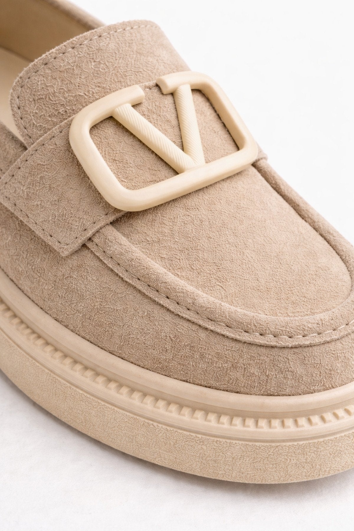 Women's Beige Suede Buckle Loafers Casual Comfortable Sole Moccasin Shoes
