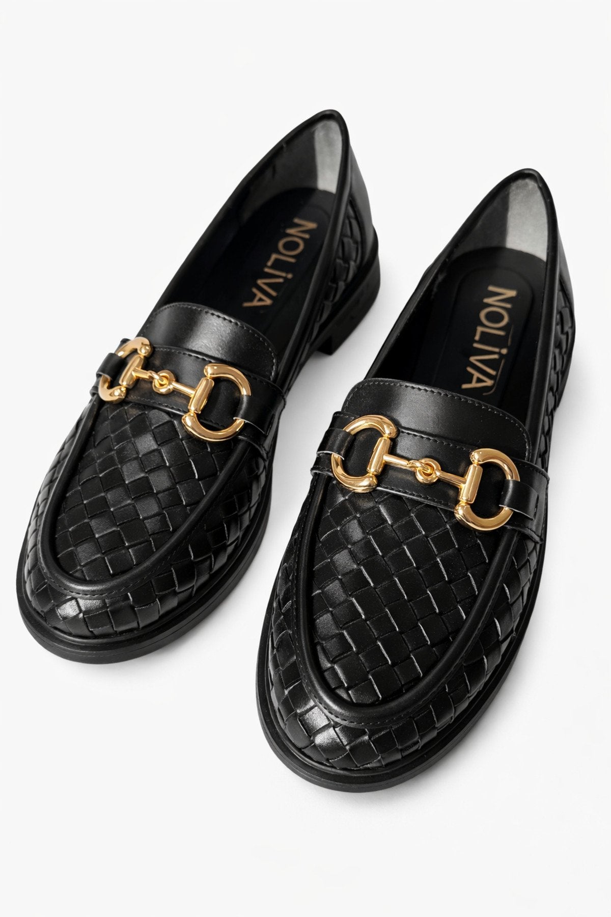 Women's Knitted Pattern Gold Chain Buckle Chunky Sole Loafer Shoes