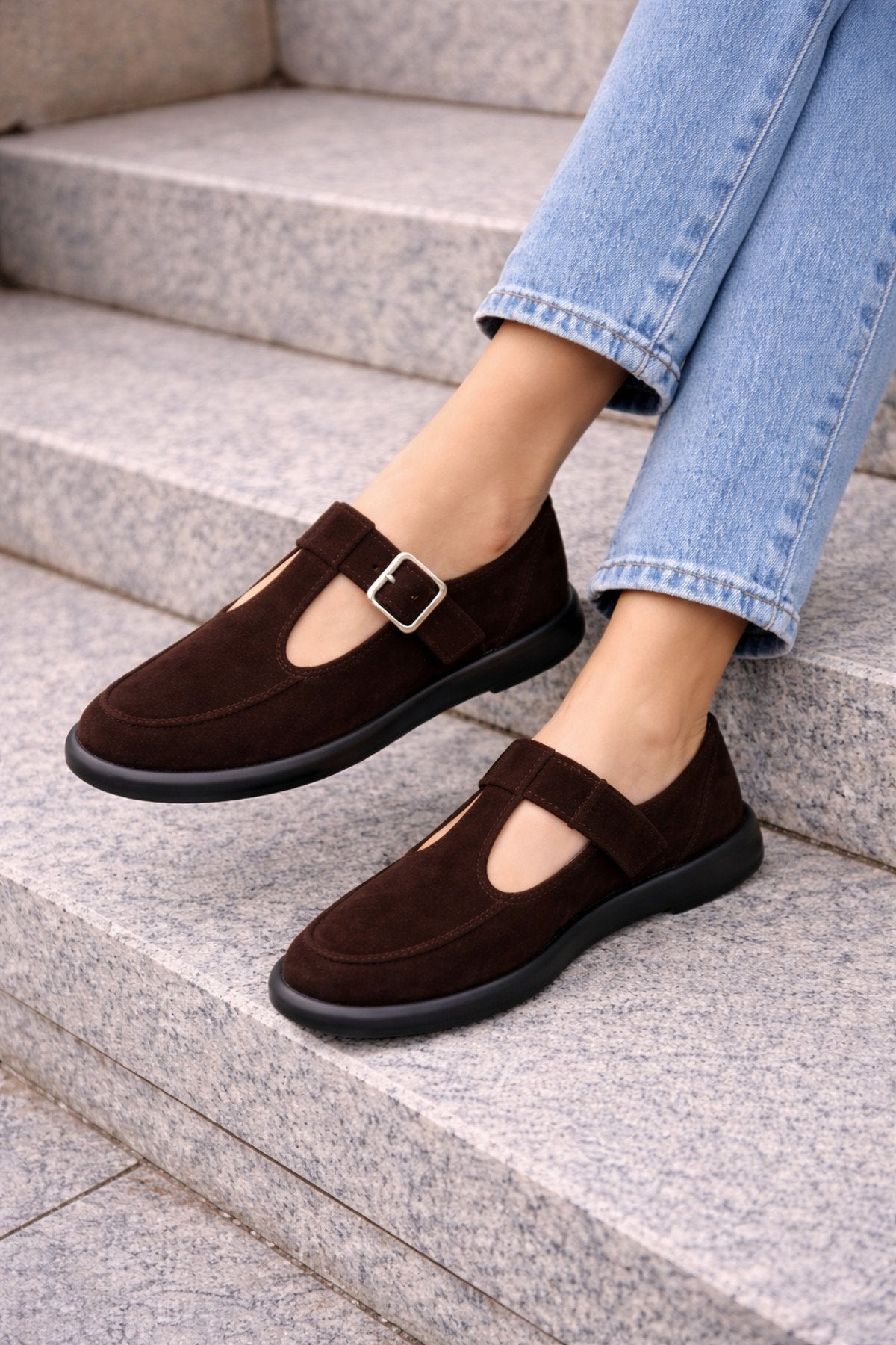 Brown Suede Buckled Women's Flats Comfortable Sole Everyday Mary Jane Women's Shoes