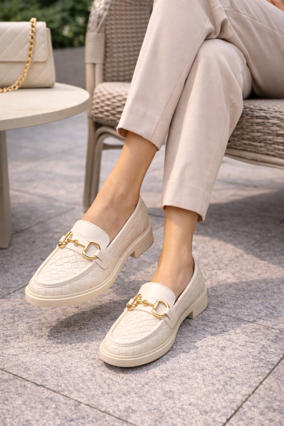 Women's Knitted Pattern Gold Chain Buckle Chunky Sole Loafer Shoes