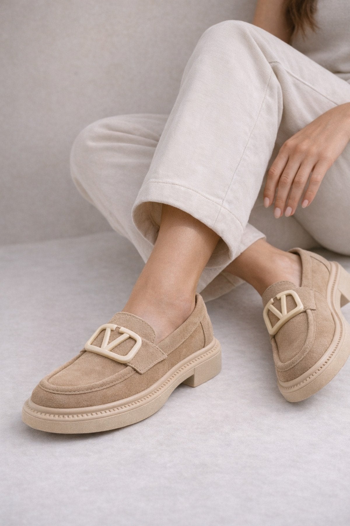Women's Beige Suede Buckle Loafers Casual Comfortable Sole Moccasin Shoes