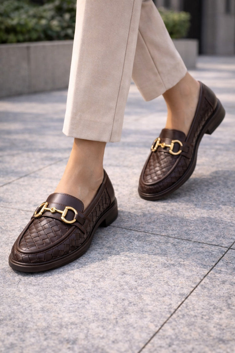 Women's Knitted Pattern Gold Chain Buckle Chunky Sole Loafer Shoes