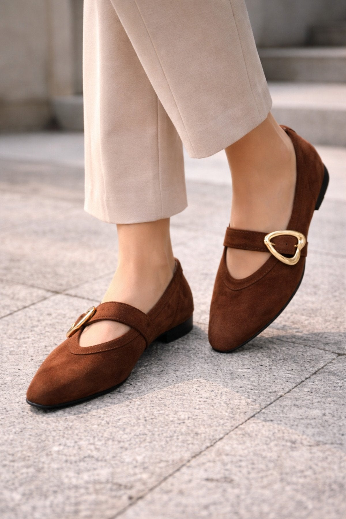 Women's Brown Suede Heart Buckle Ballet Flats Casual Chic Mary Jane Flats