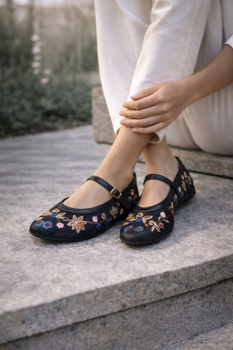 Women's Black Floral Embroidered Mary Jane Ballet Flats Casual Comfortable Flat Shoes