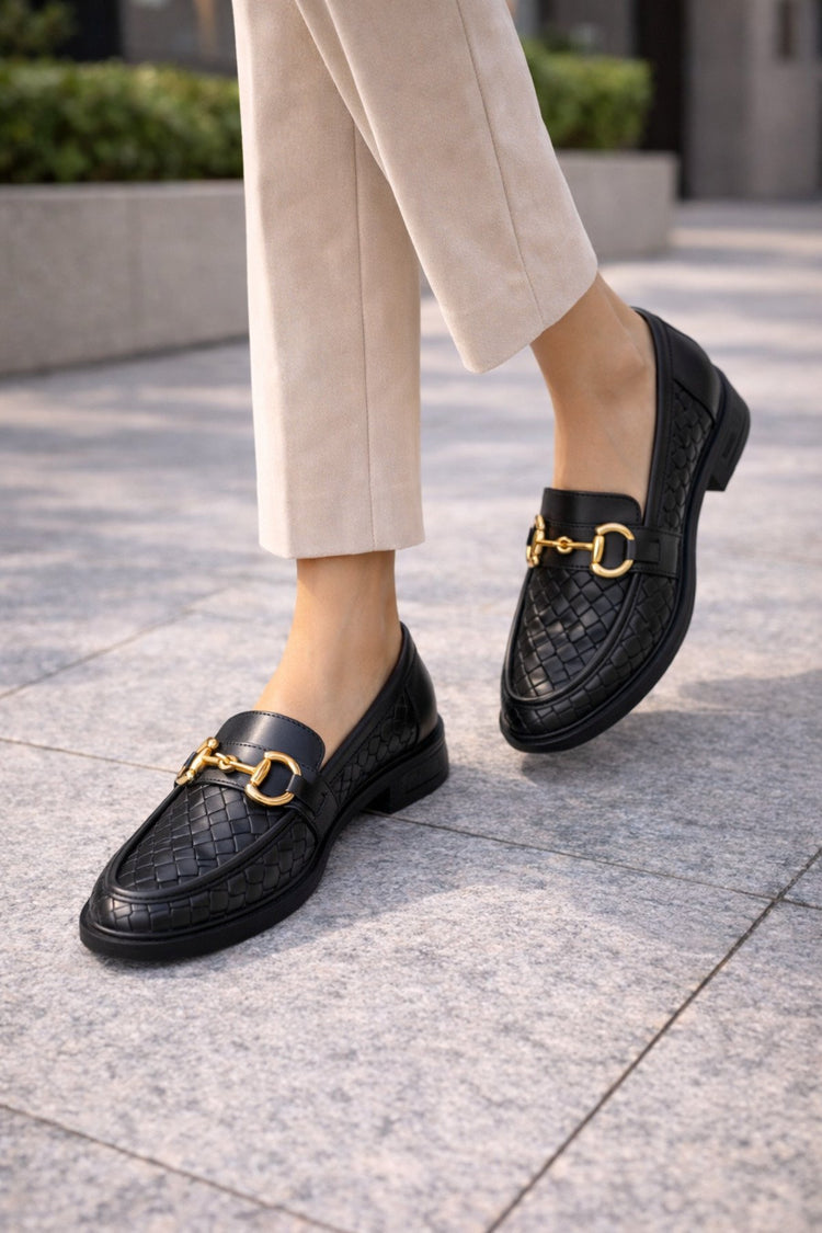Women's Knitted Pattern Gold Chain Buckle Chunky Sole Loafer Shoes