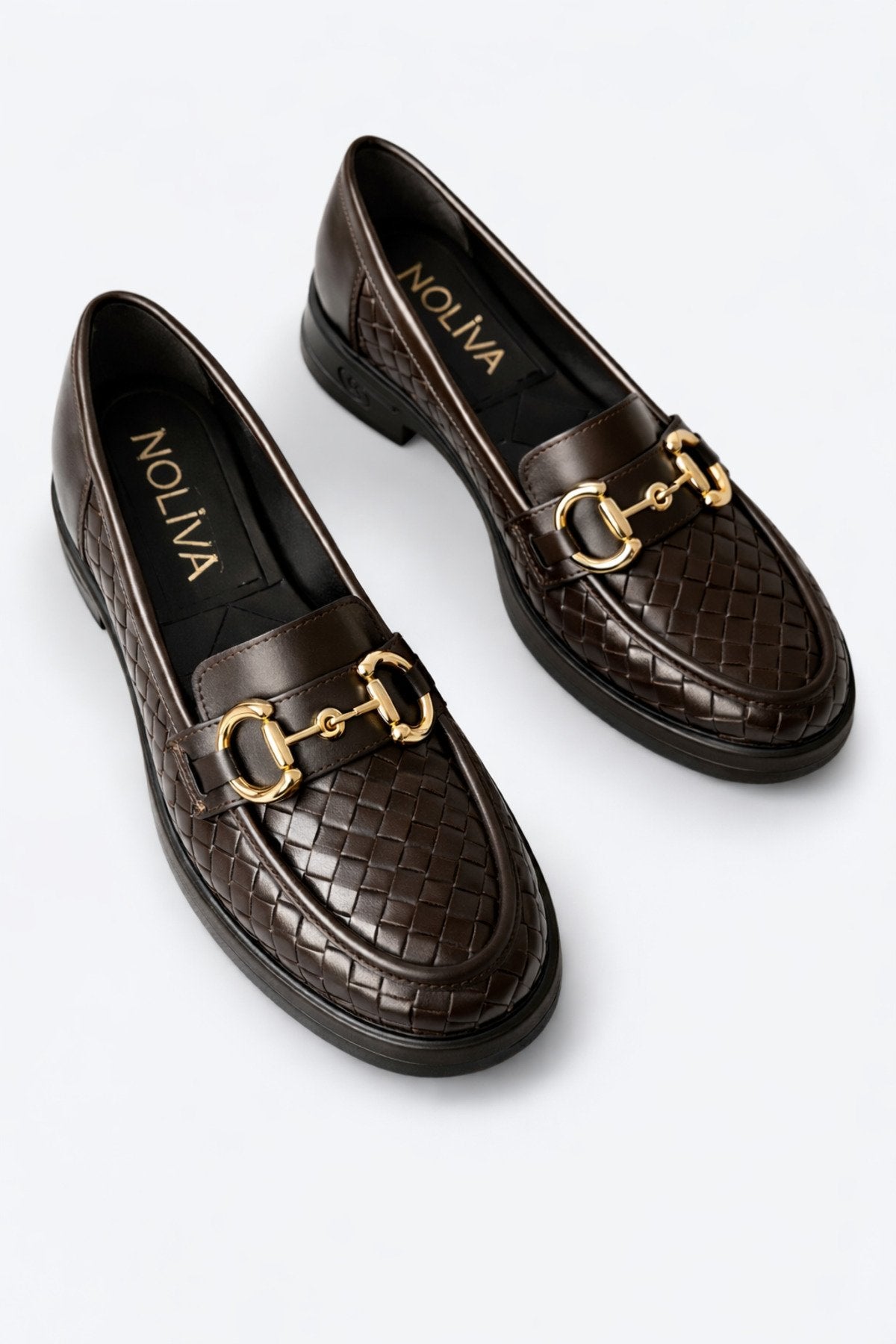 Women's Knitted Pattern Gold Chain Buckle Chunky Sole Loafer Shoes