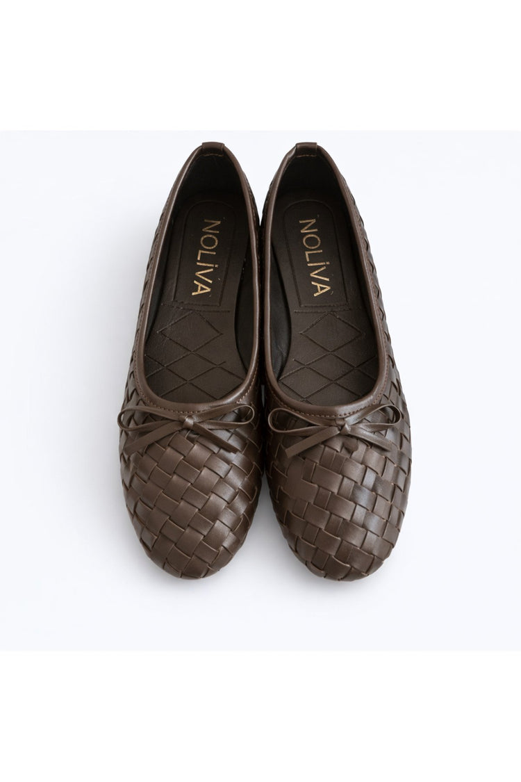 Women's Dark Brown Faux Leather Textured Knit Pattern Bow Flats