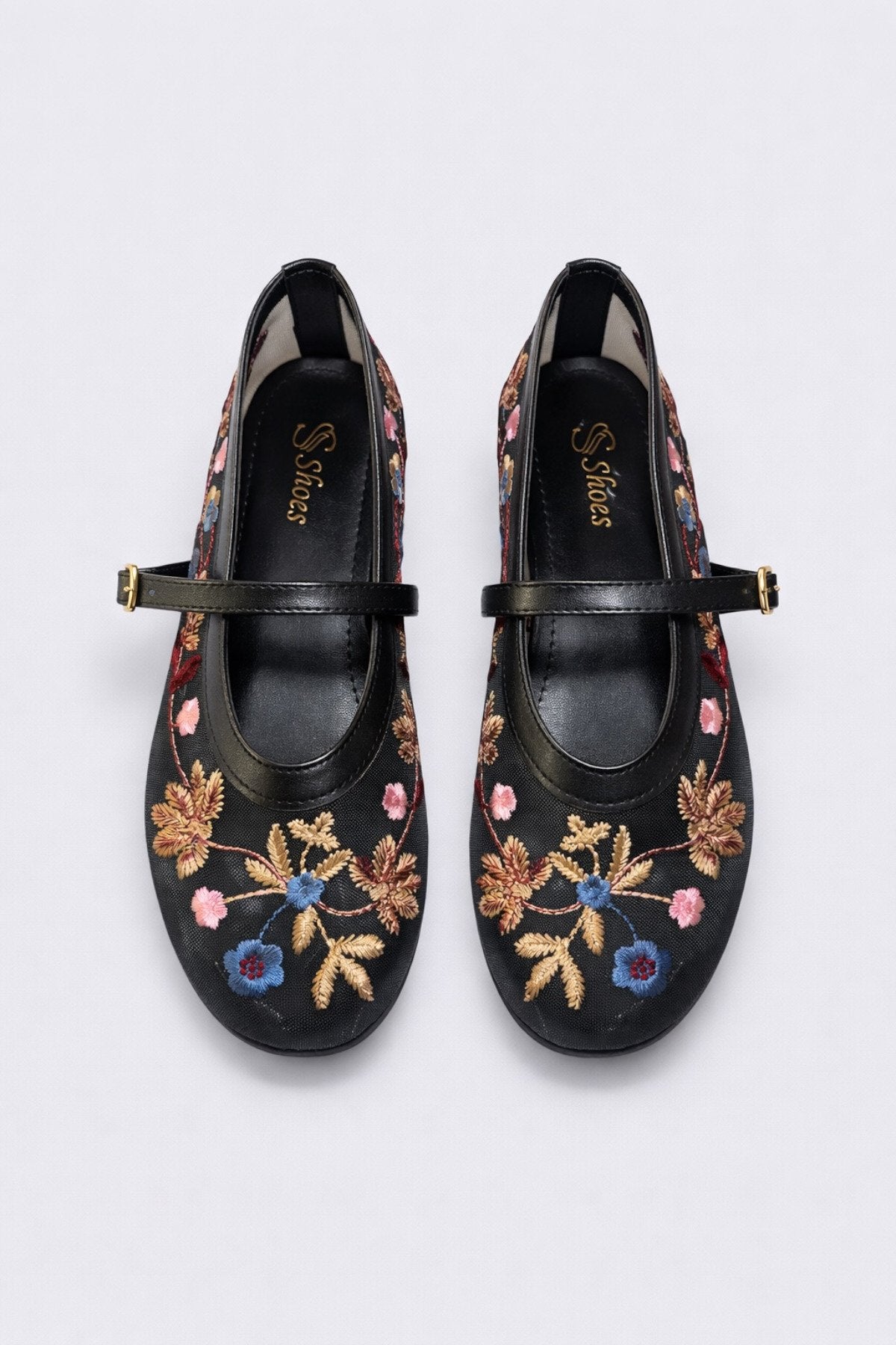 Women's Black Floral Embroidered Mary Jane Ballet Flats Casual Comfortable Flat Shoes