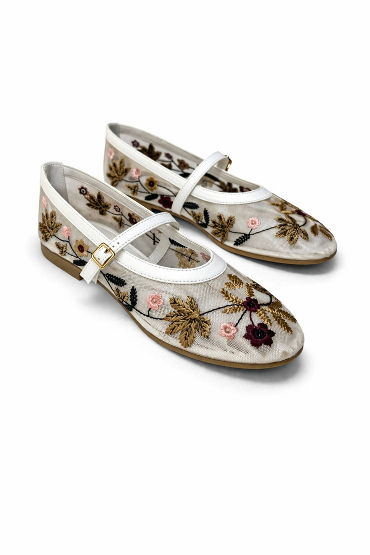 Women's White Floral Embroidered Mary Jane Ballet Flats Casual Comfortable Flat Shoes